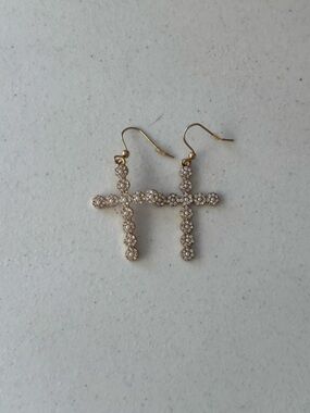 Gold-Tone Crystal Cross Drop Earrings - Sparkling White Crystals